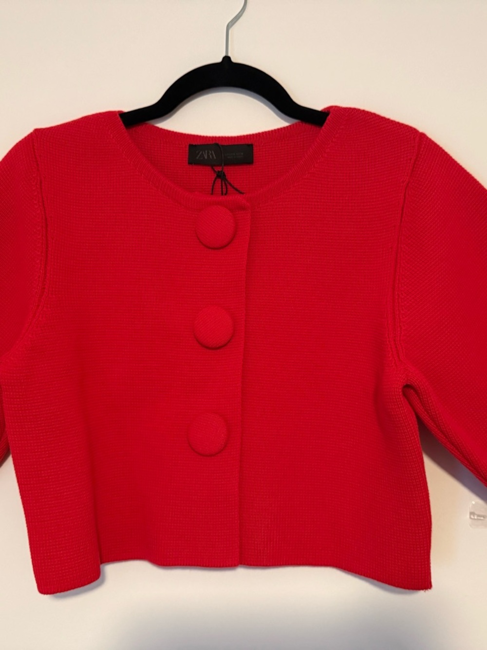 Zara Red Textured Cropped Jacket with Covered Buttons